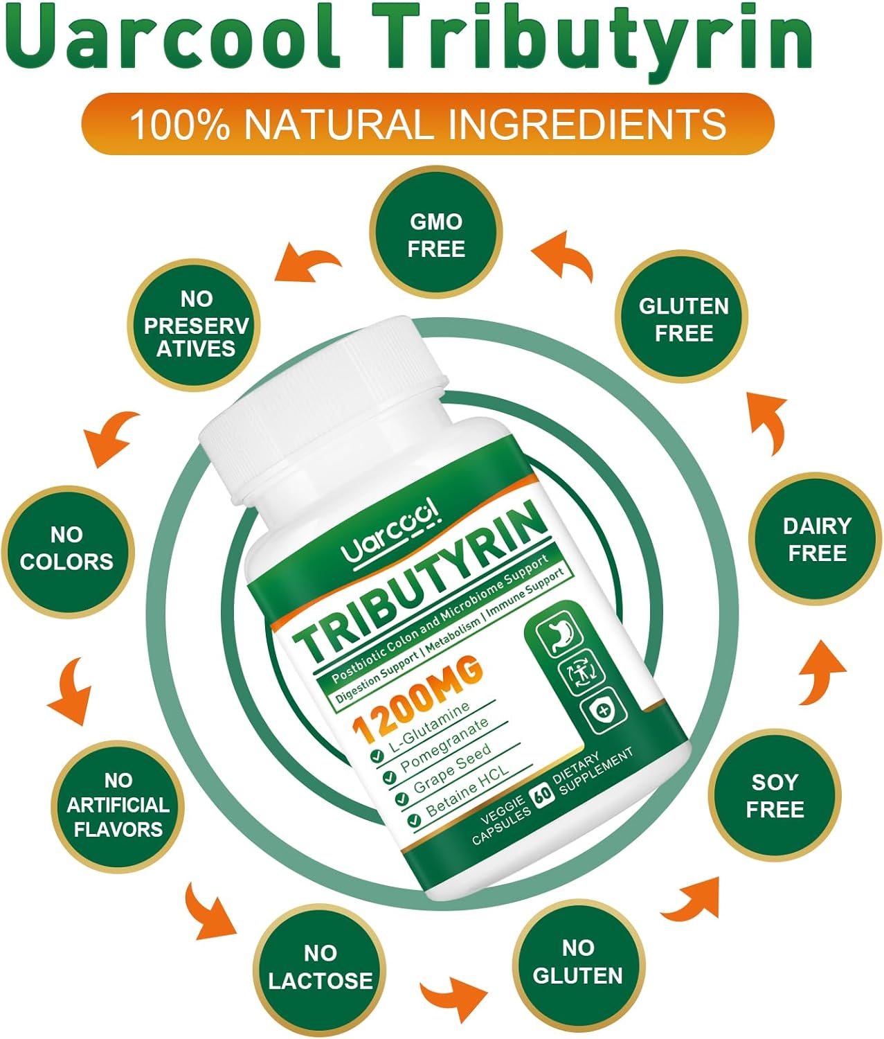 1200mg Vegan Butyrate Gut Health Supplement for Digestive Health - 60 Softgels, Uarcool Tributyrin for Leaky Gut, Colon, Microbiome