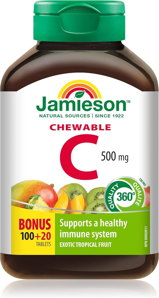 120ct Jamieson Chewable Vitamin C 500 mg with Exotic Tropical Fruit Flavor, Imported from Canada