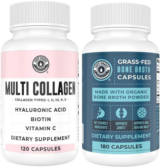 120ct Multi Collagen Capsules with Biotin & 180ct Organic Bone Broth Capsules by Left Coast Performance