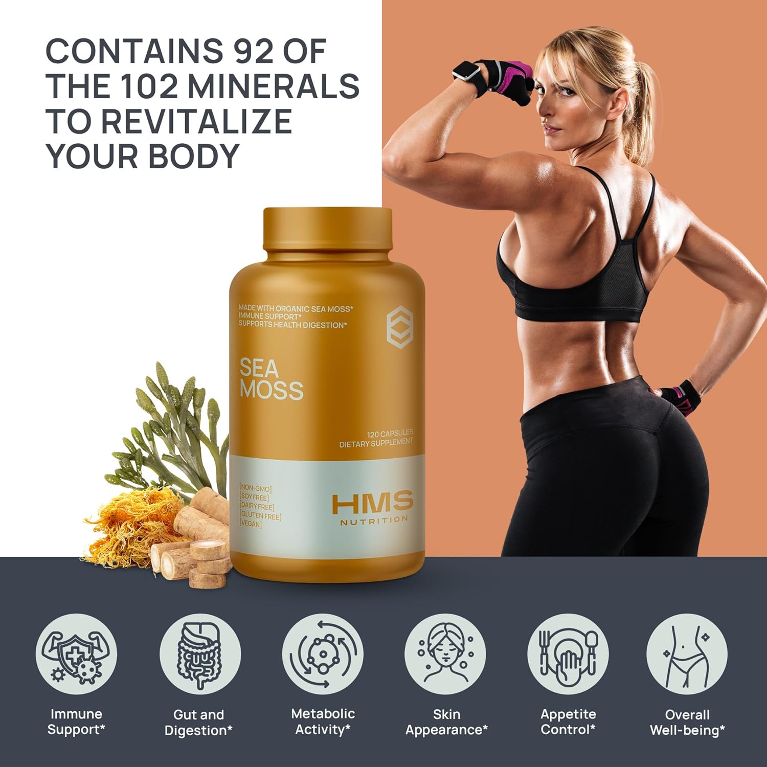 120ct Organic Sea Moss, Bladderwrack, and Burdock Vegetable Capsules - 2 Month Supply by HMS Nutrition