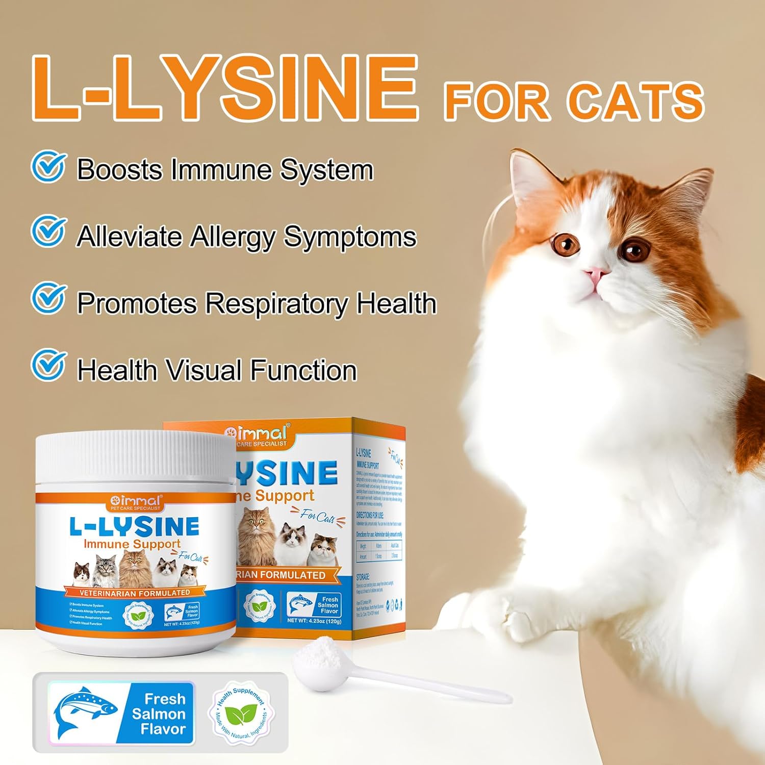 120g ALIVO L-Lysine Powder for Cats - Supports Immune System, Respiratory Health, and Visual Function - Salmon Flavor - 4.23oz