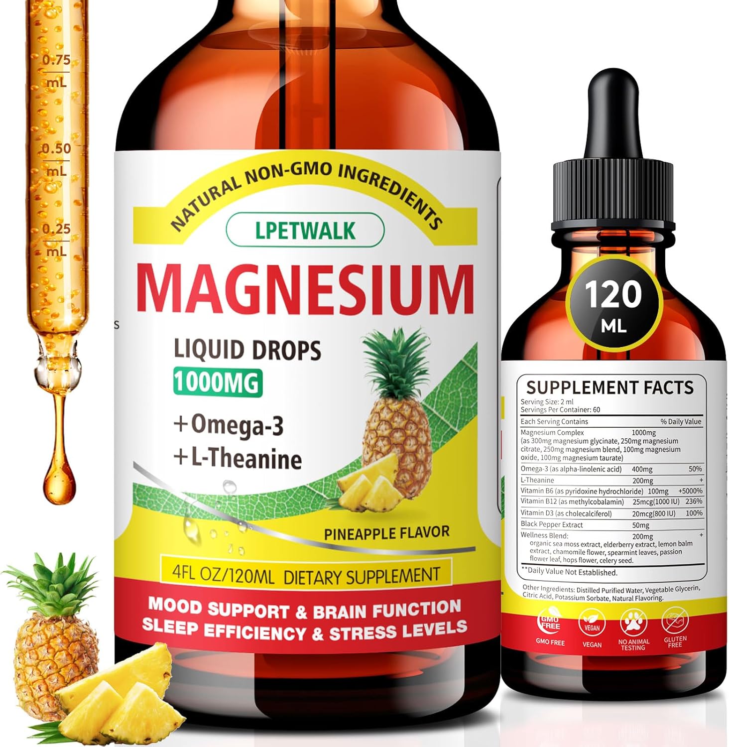 120ML Magnesium Glycinate Liquid Supplement with Citrate, Taurate, Omega3, L-Theanine, D3, B6, B12 - Pineapple Flavor - Large 4FL OZ Capacity