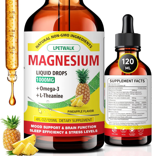 120ML Magnesium Glycinate Liquid Supplement with Citrate, Taurate, Omega3, L-Theanine, D3, B6, B12 - Pineapple Flavor - Large 4FL OZ Capacity