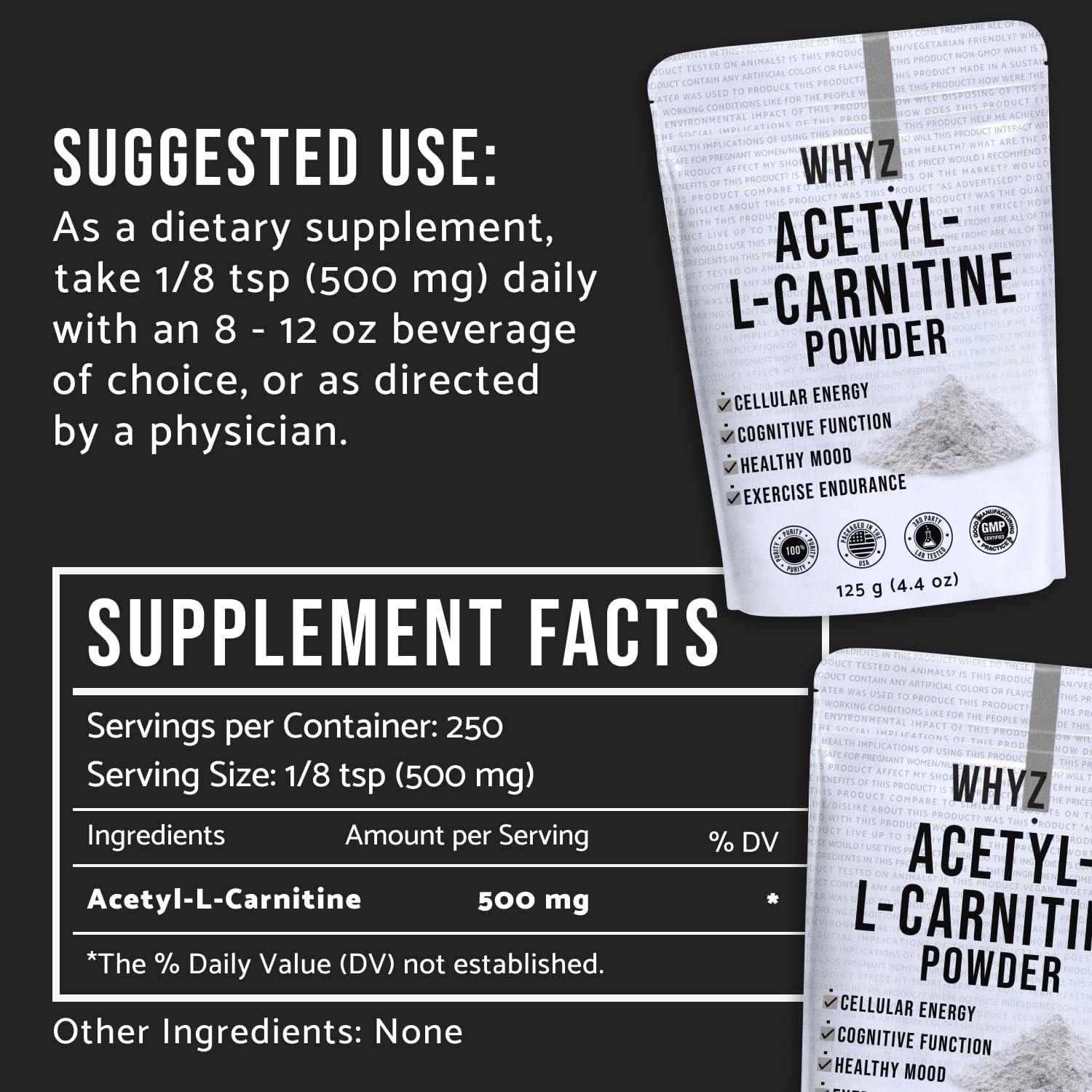 125g Gluten-Free ALCAR Powder for Cognitive Function & Energy - 250 Servings