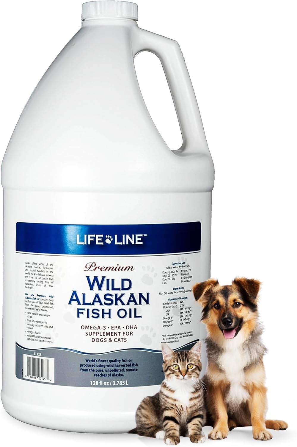 128oz Life Line Pet Nutrition Wild Alaskan Fish Oil Omega-3 Supplement for Skin & Coat - Supports Brain, Eye & Heart Health in Dogs & Cats