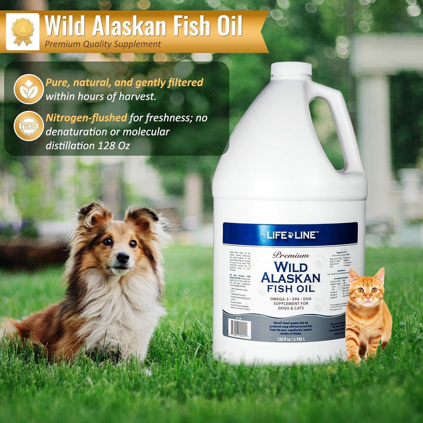 128oz Life Line Pet Nutrition Wild Alaskan Fish Oil Omega-3 Supplement for Skin & Coat - Supports Brain, Eye & Heart Health in Dogs & Cats