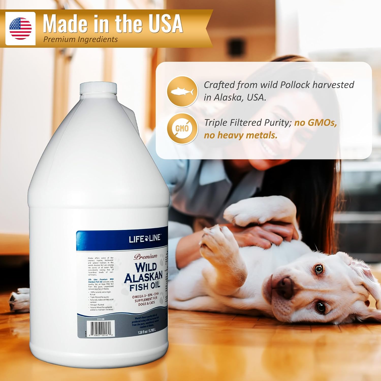 128oz Life Line Pet Nutrition Wild Alaskan Fish Oil Omega-3 Supplement for Skin & Coat - Supports Brain, Eye & Heart Health in Dogs & Cats