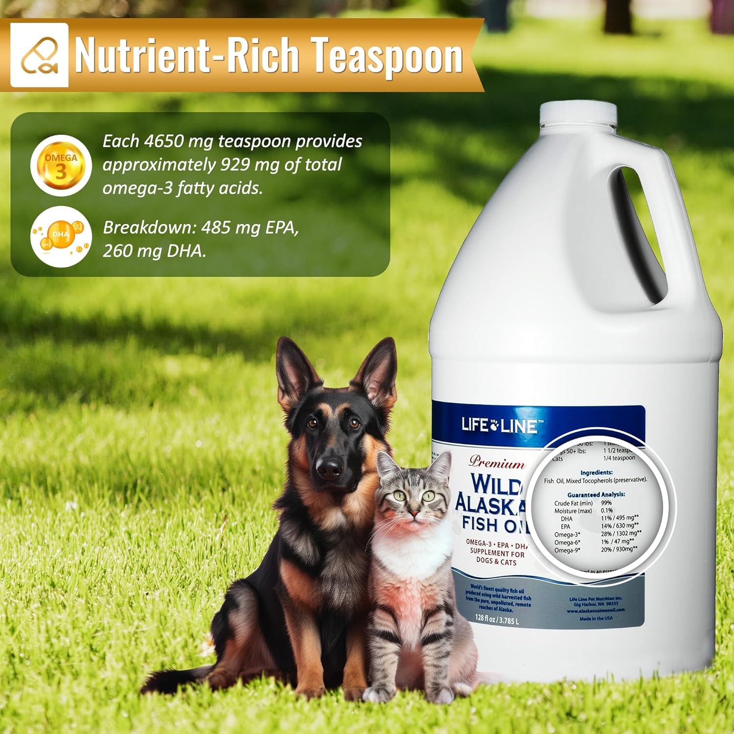 128oz Life Line Pet Nutrition Wild Alaskan Fish Oil Omega-3 Supplement for Skin & Coat - Supports Brain, Eye & Heart Health in Dogs & Cats