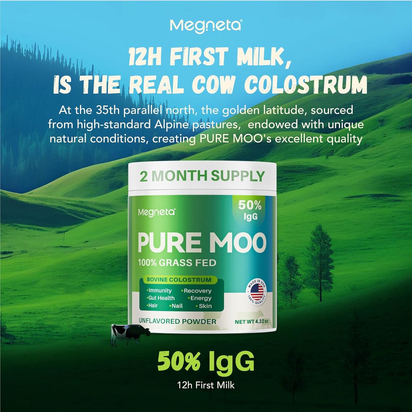 12H First Milk Bovine Colostrum Supplement - 100% Grass Fed, High IgG, for Gut Health, Skin & Hair, Immune Support - Pure Moo Keto, Gluten & Fat Free Powder (Unflavored) v2