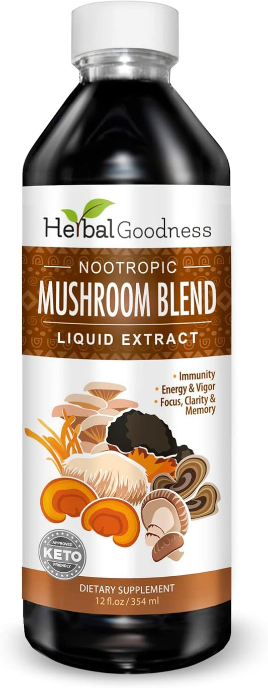 12oz Herbal Goodness Nootropic Mushroom Blend Extract Supplement for Mental Clarity, Focus, and Immune Support