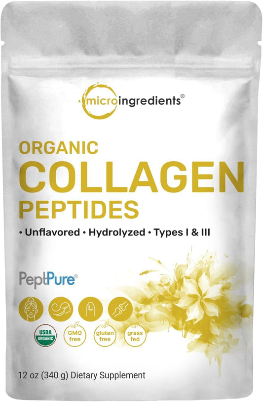 12oz Micro Ingredients Organic Hydrolyzed Collagen Peptides Powder - Type I & III Bovine Collagen for Women & Men - High Absorption - Unflavored, Keto & Paleo Friendly - Non-GMO - Easy to Mix