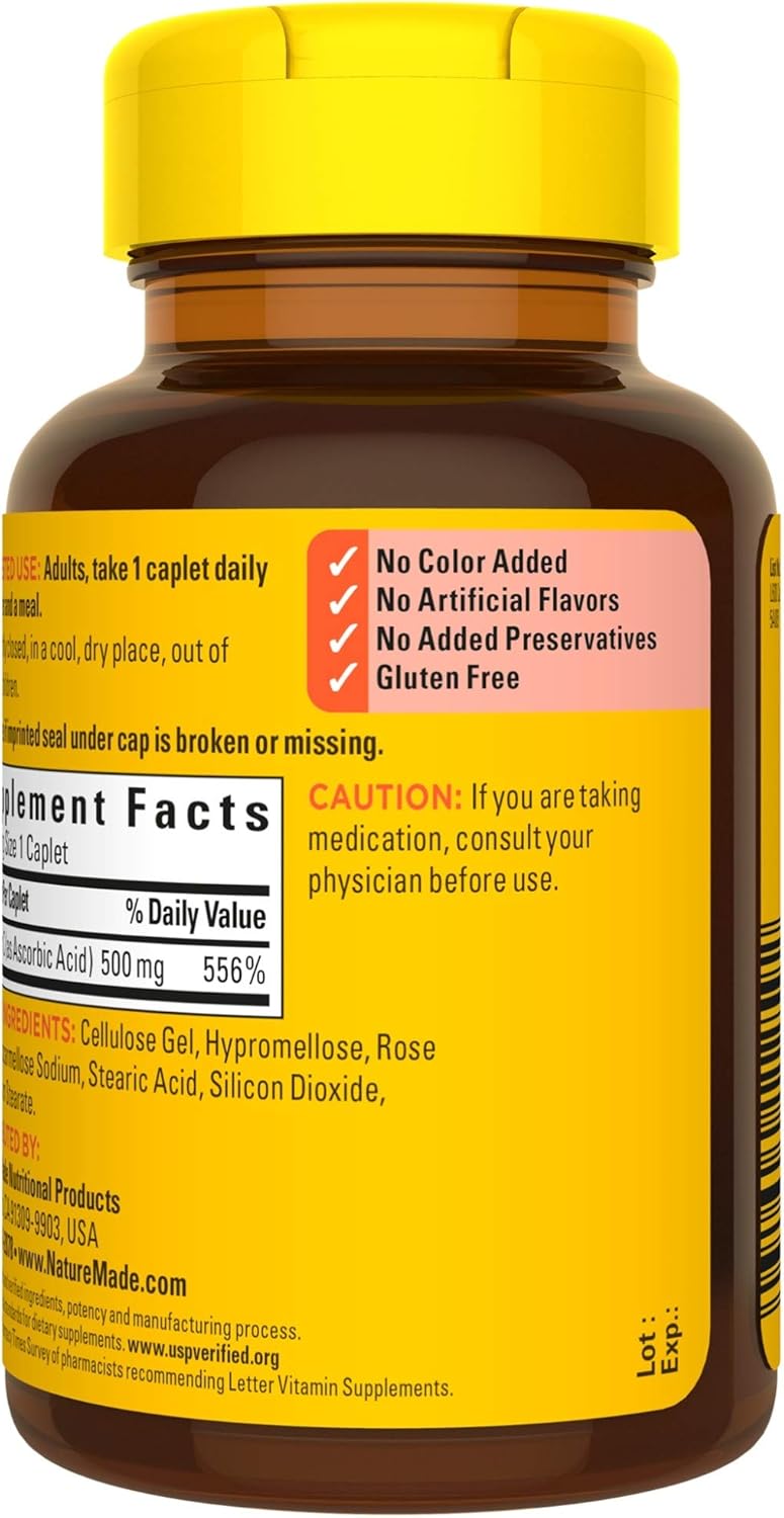 130 Count Nature Made Vitamin C 500 mg Caplets with Rose Hips for Immune Support