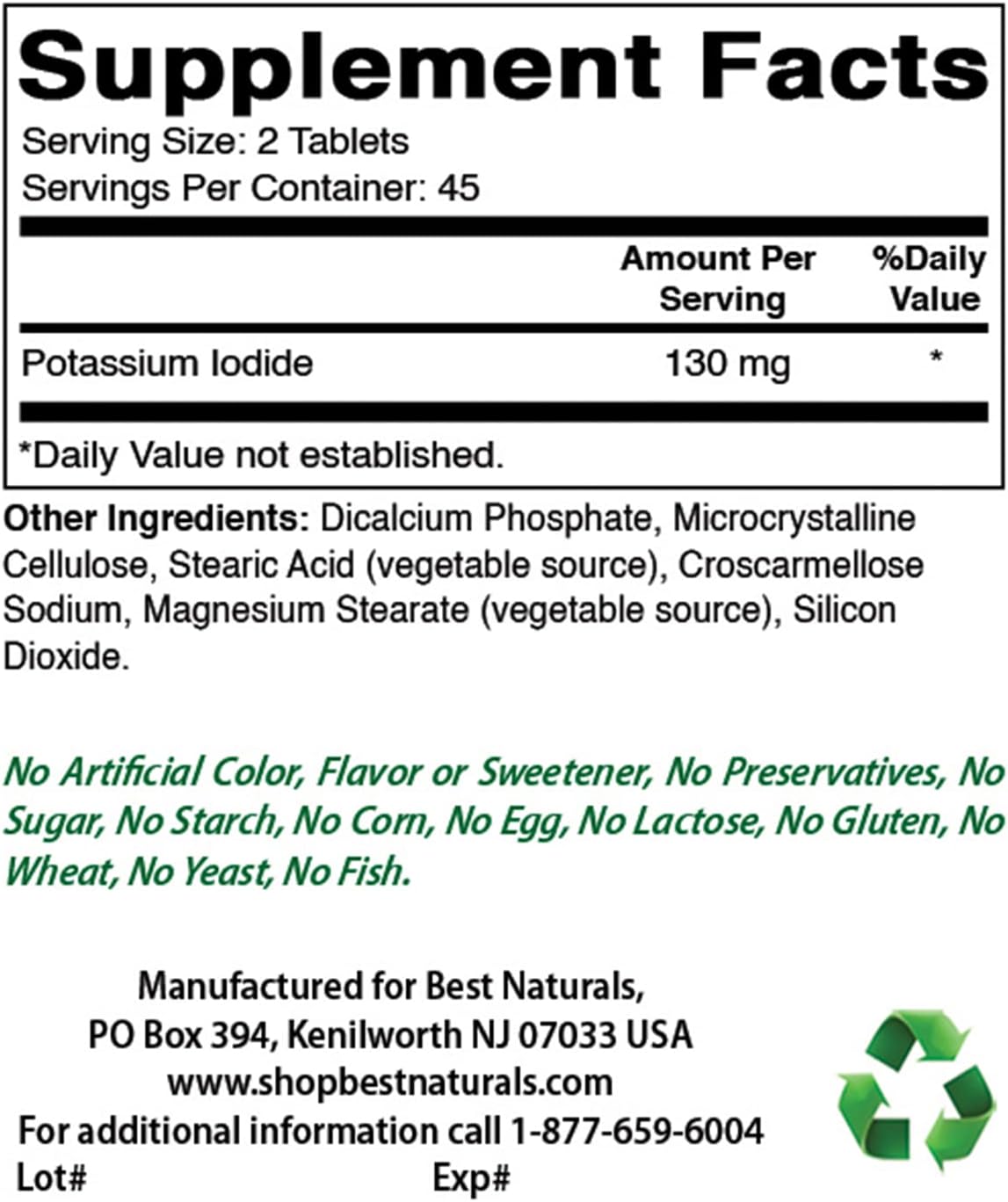 130 mg Potassium Iodide Supplement - 90 Tablets of Best Naturals, High Quality Dietary Supplement