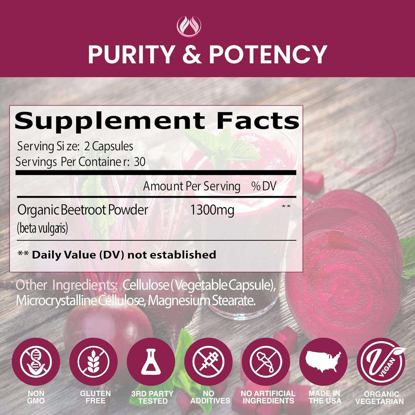 1300mg Organic Beet Root Capsules for Nitric Oxide Production & Heart Health - USA Non-GMO Beetroot Supplement