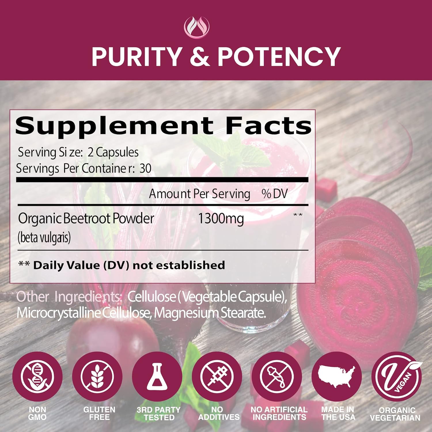 1300mg Organic Beet Root Capsules for Nitric Oxide Production & Heart Health - USA Non-GMO Beetroot Supplement