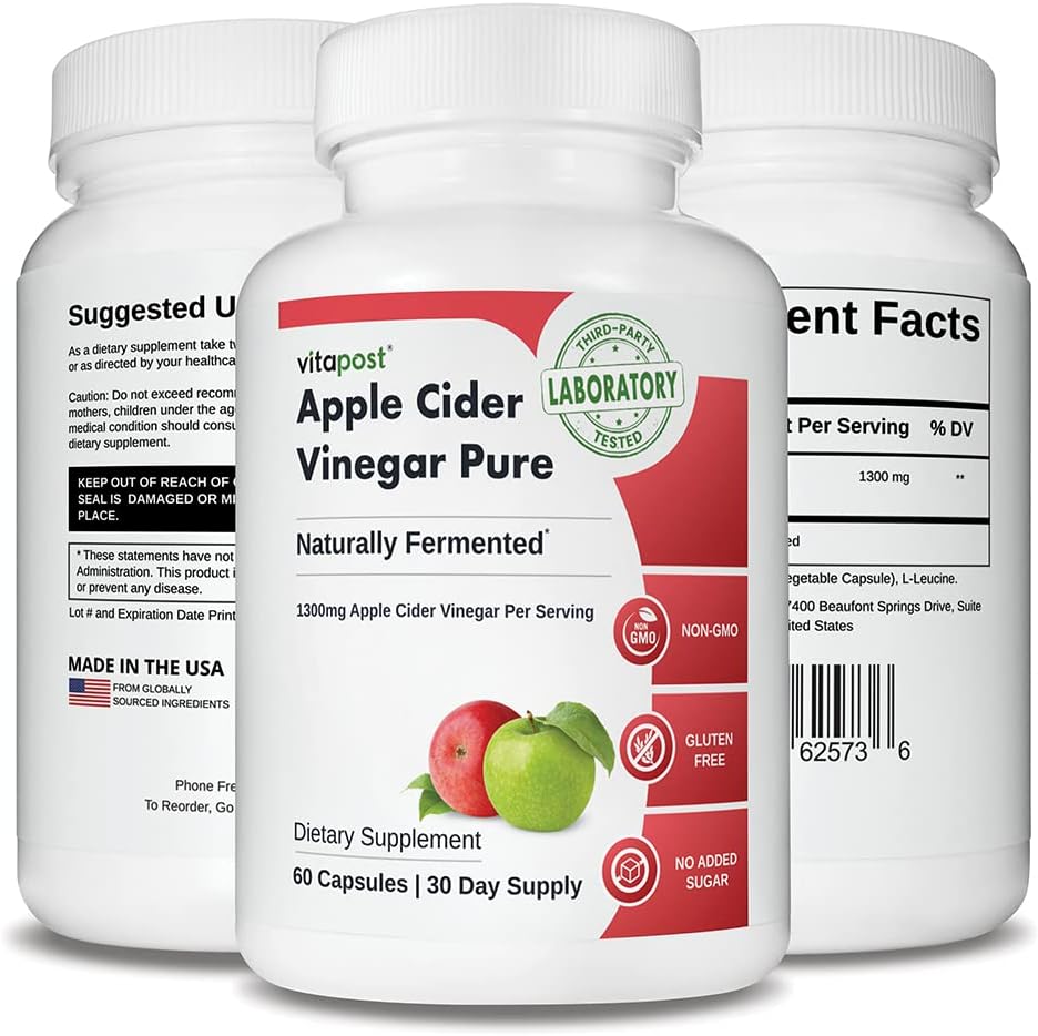 1300mg Pure Apple Cider Vinegar Capsules - Natural Fermented Concentrate - No Harsh Taste - 60 Capsules
