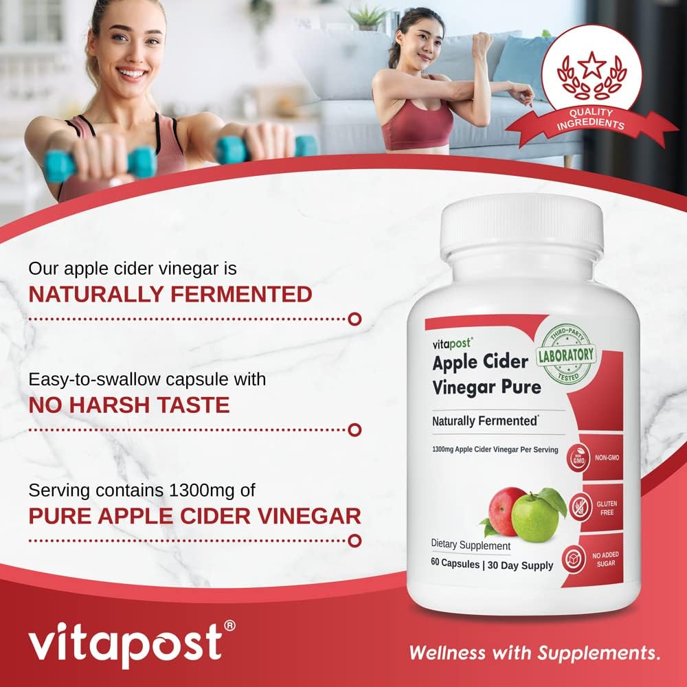 1300mg Pure Apple Cider Vinegar Capsules - Natural Fermented Concentrate - No Harsh Taste - 60 Capsules