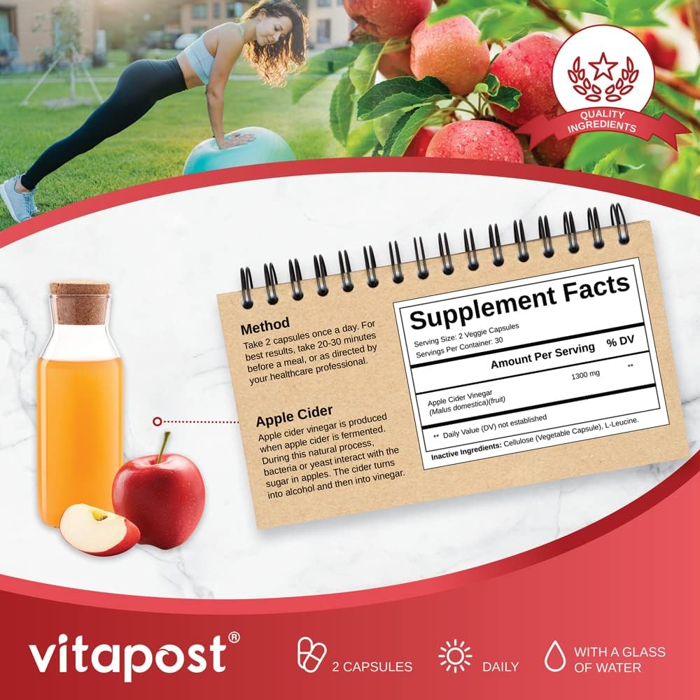 1300mg Pure Apple Cider Vinegar Capsules - Natural Fermented Concentrate - No Harsh Taste - 60 Capsules
