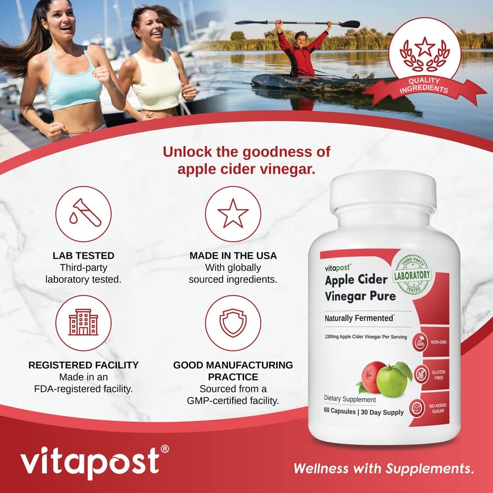 1300mg Pure Apple Cider Vinegar Capsules - Natural Fermented Concentrate - No Harsh Taste - 60 Capsules