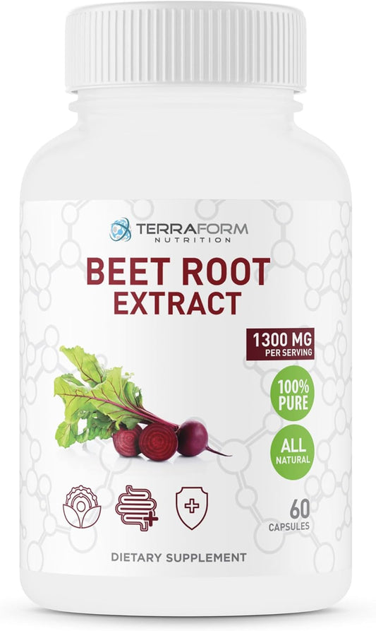 1300mg Red Beetroot Extract Powder Capsules - Vegan Friendly Supplement - 60 Capsules - Made in USA - 1 Month Supply
