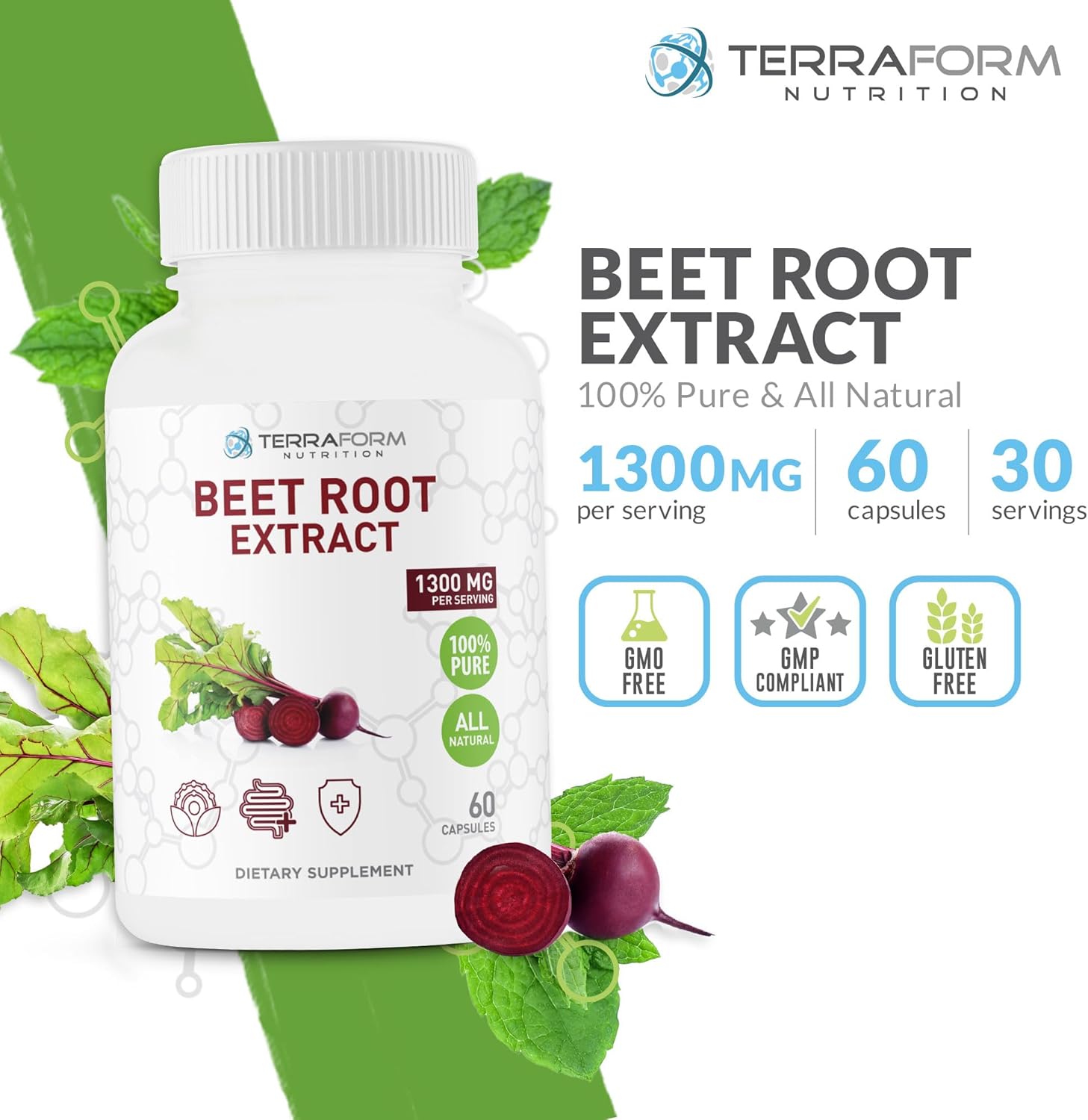 1300mg Red Beetroot Extract Powder Capsules - Vegan Friendly Supplement - 60 Capsules - Made in USA - 1 Month Supply