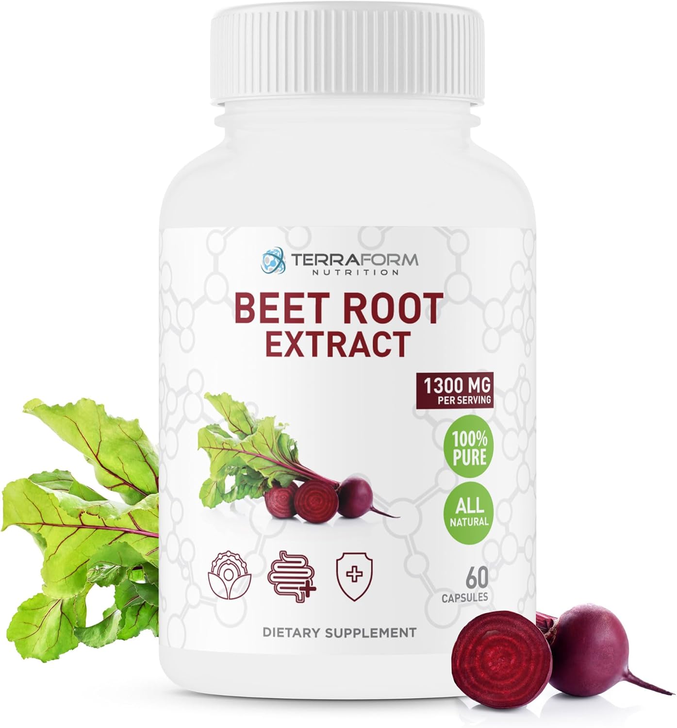 1300mg Red Beetroot Extract Powder Capsules - Vegan Friendly Supplement - 60 Capsules - Made in USA - 1 Month Supply