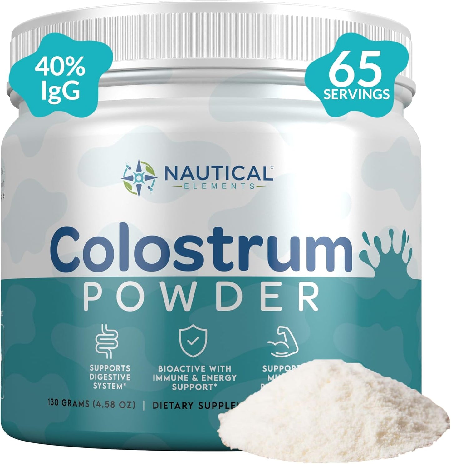 130g Nautical Elements Pure Colostrum Powder | 40% IgG, 65 Servings | Grass-Fed Bovine Colostrum Supplement | Midwest USA Farm