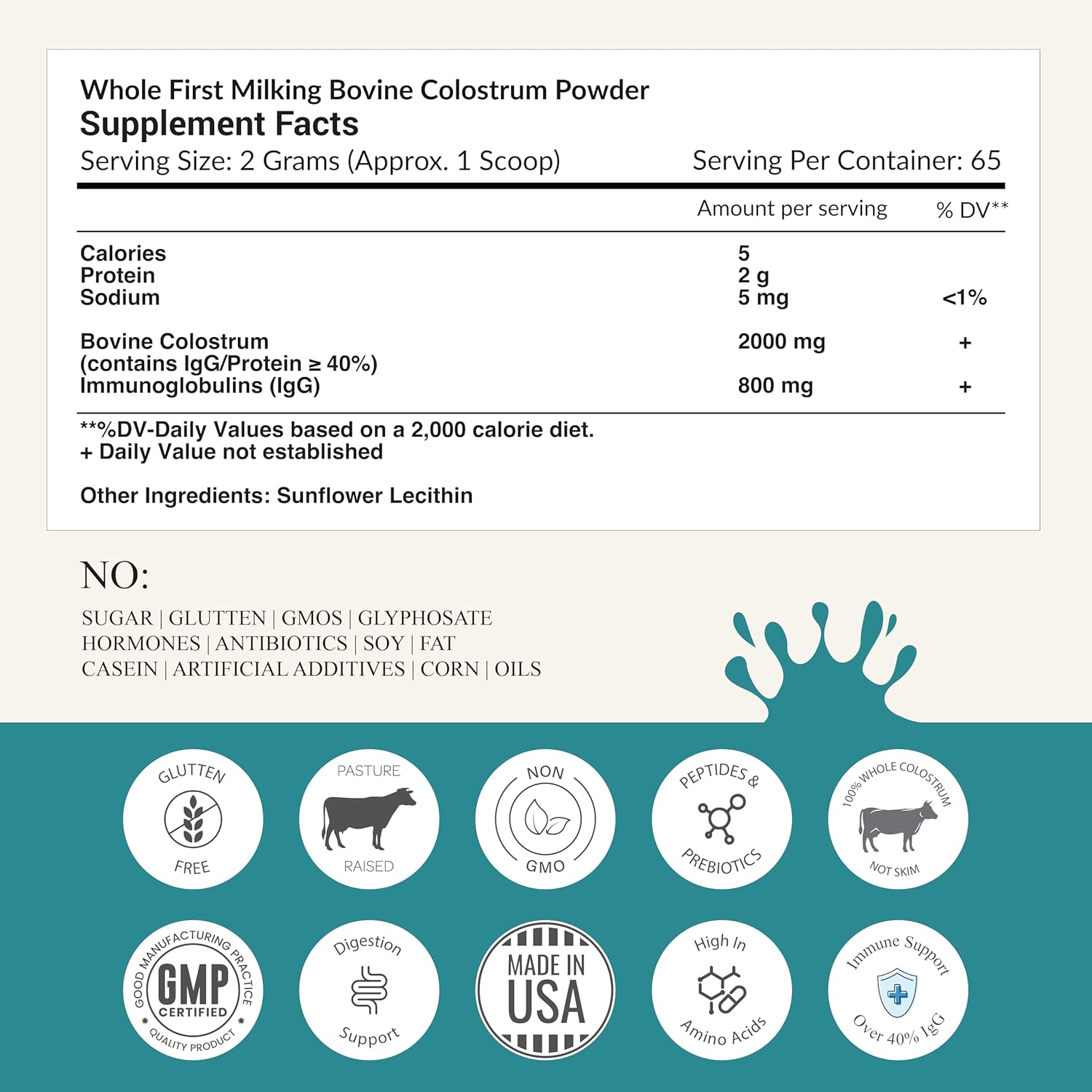 130g Nautical Elements Pure Colostrum Powder | 40% IgG, 65 Servings | Grass-Fed Bovine Colostrum Supplement | Midwest USA Farm