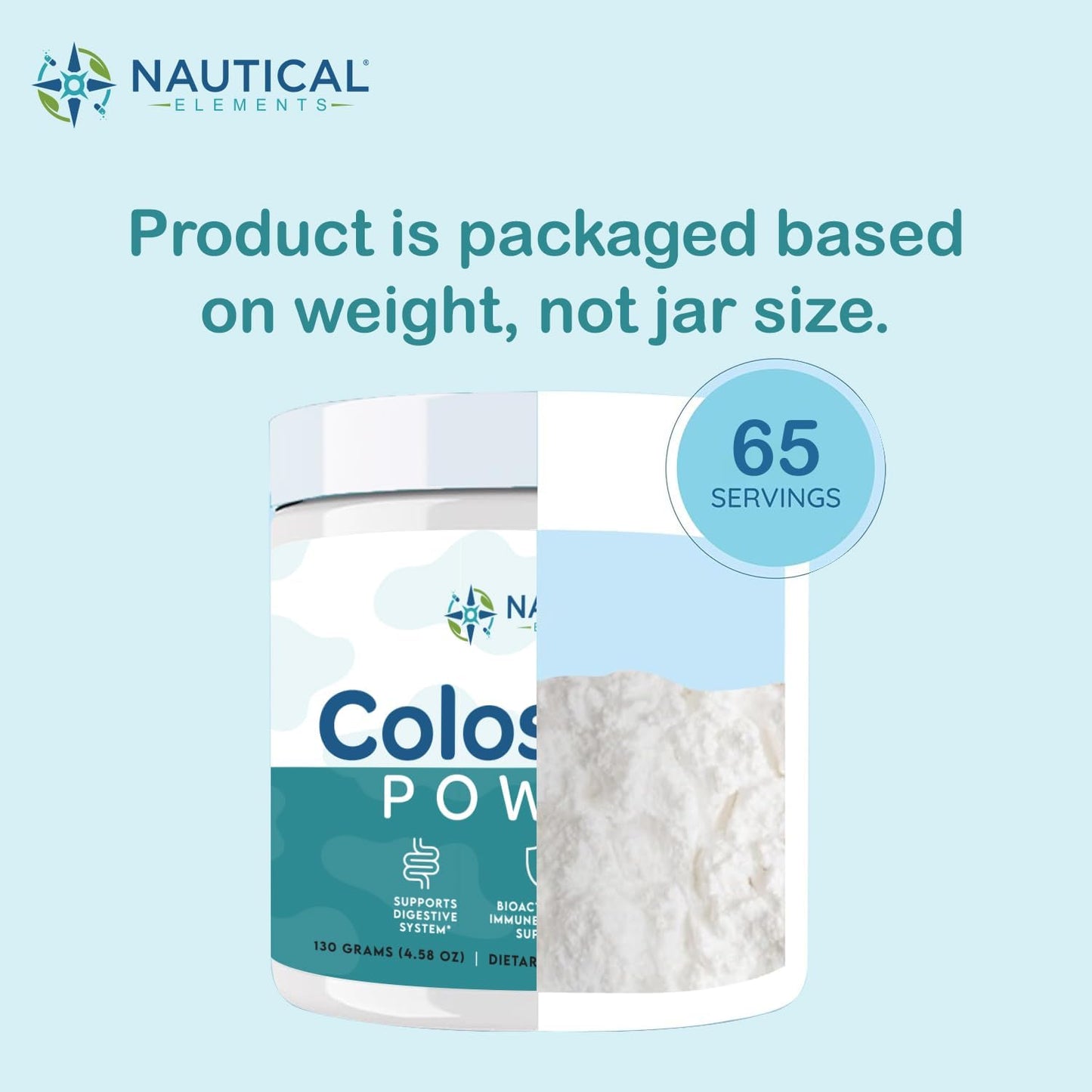 130g Nautical Elements Pure Colostrum Powder | 40% IgG, 65 Servings | Grass-Fed Bovine Colostrum Supplement | Midwest USA Farm
