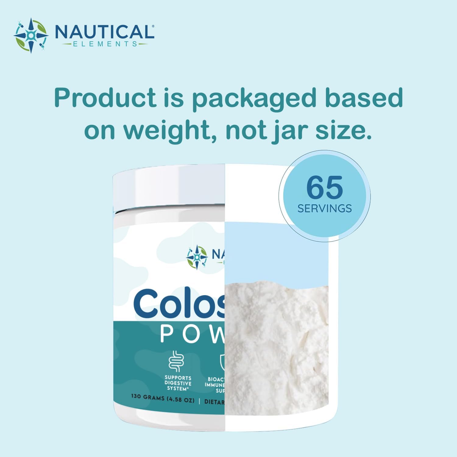 130g Nautical Elements Pure Colostrum Powder | 40% IgG, 65 Servings | Grass-Fed Bovine Colostrum Supplement | Midwest USA Farm