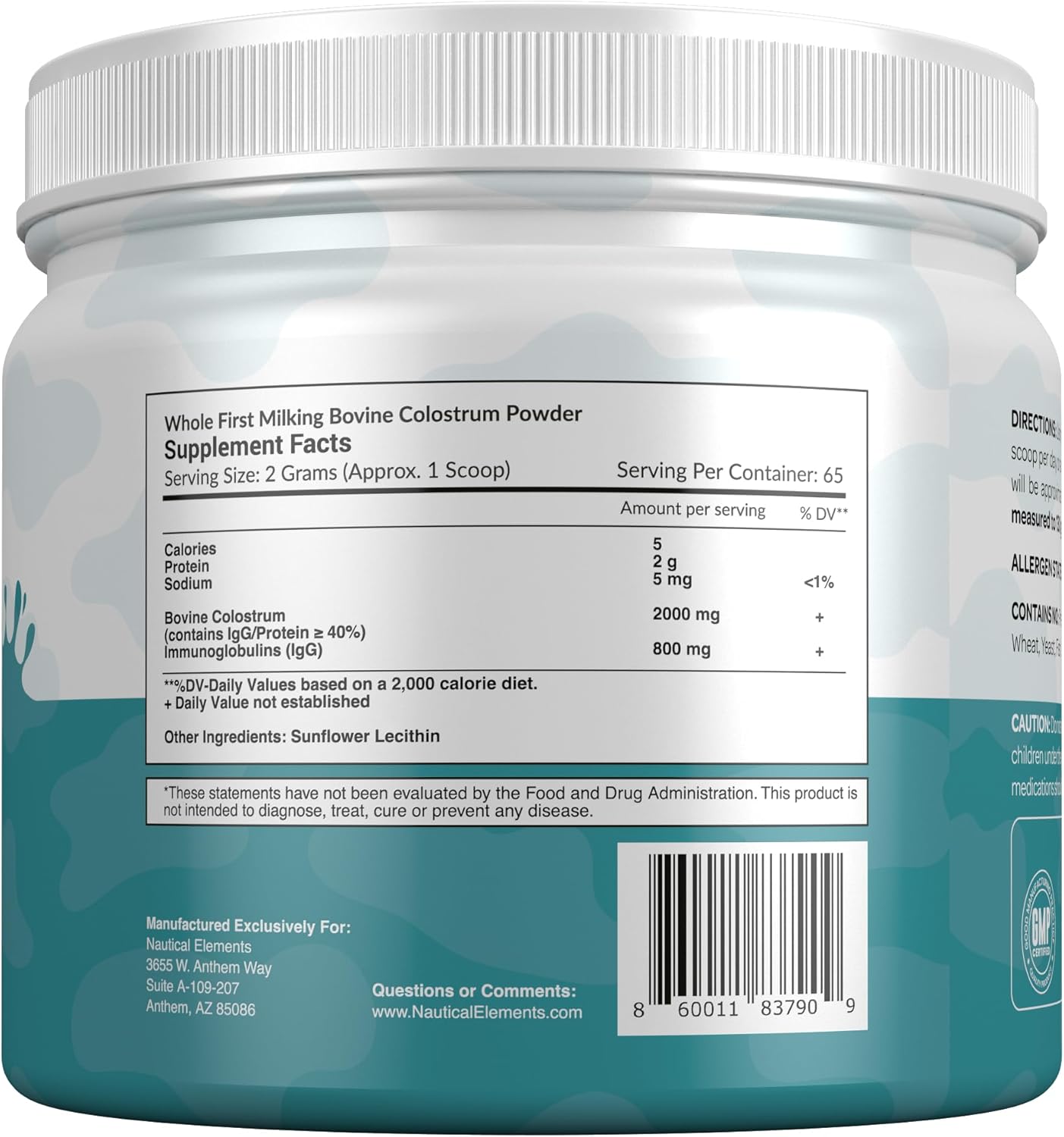 130g Nautical Elements Pure Colostrum Powder | 40% IgG, 65 Servings | Grass-Fed Bovine Colostrum Supplement | Midwest USA Farm
