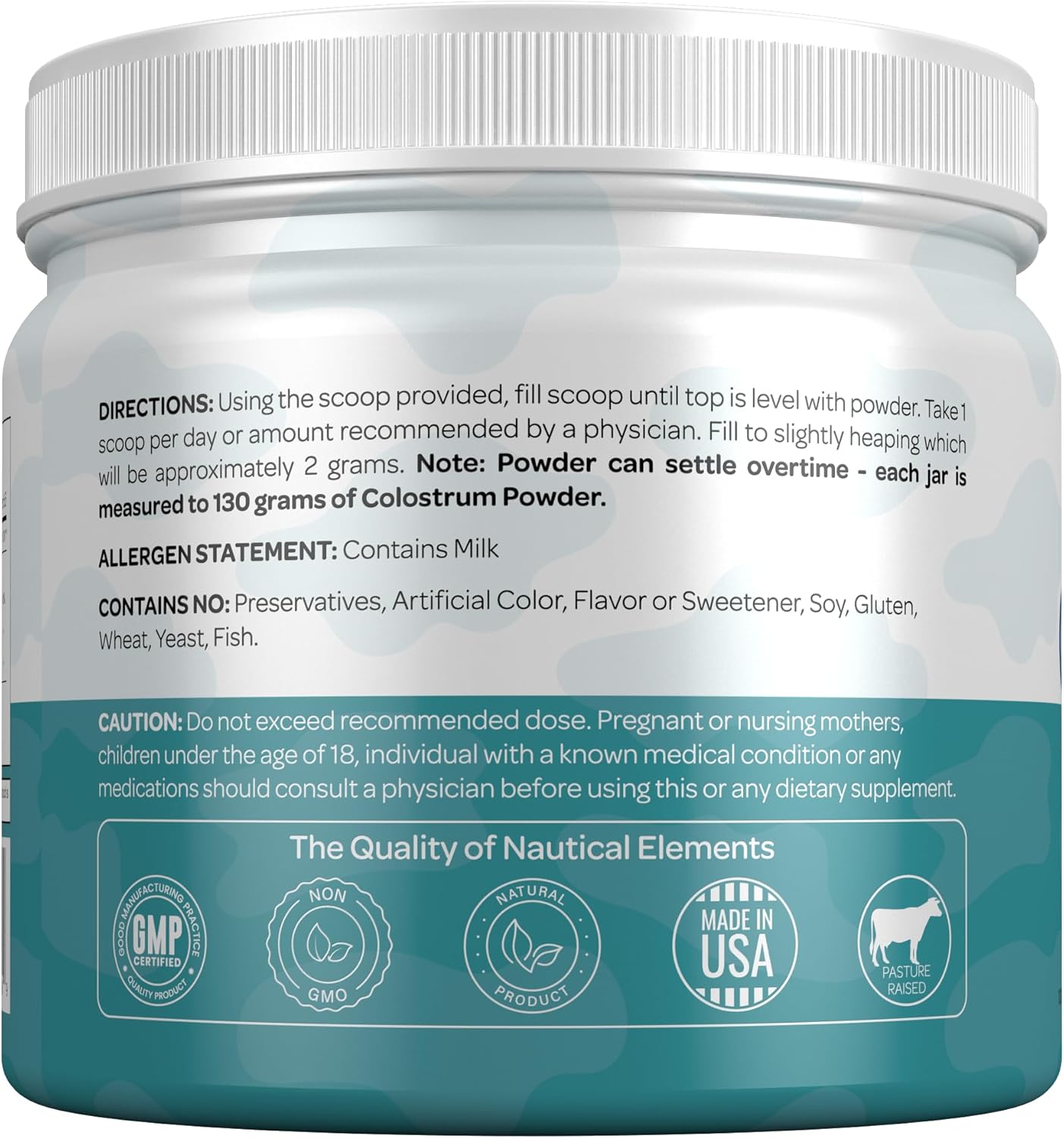 130g Nautical Elements Pure Colostrum Powder | 40% IgG, 65 Servings | Grass-Fed Bovine Colostrum Supplement | Midwest USA Farm