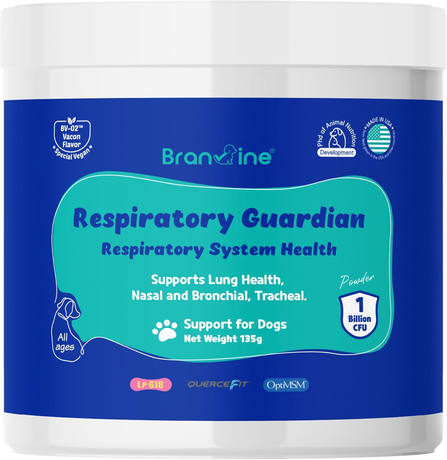 135g Branvine Respiratory Guardian for Dogs with Quercefit®, Vegan Bacon Flavor - Promotes Lung Health, Supports Nasal, Bronchial, and Tracheal Health, Respiratory Probiotics for Pets