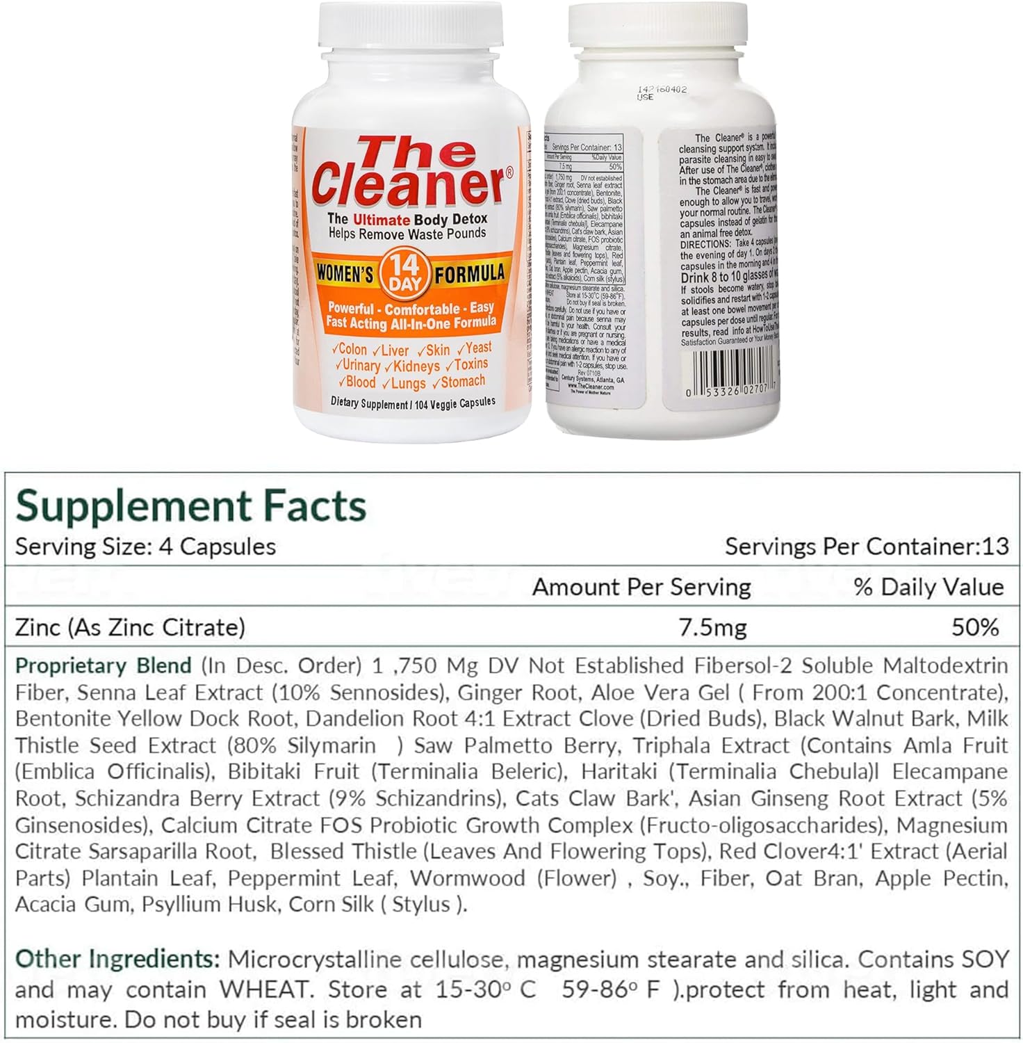 14-Day Complete Internal Cleansing Formula for Women - Century Systems The Cleaner Detox, Supports Digestive Health, 104 Vegetarian Capsules