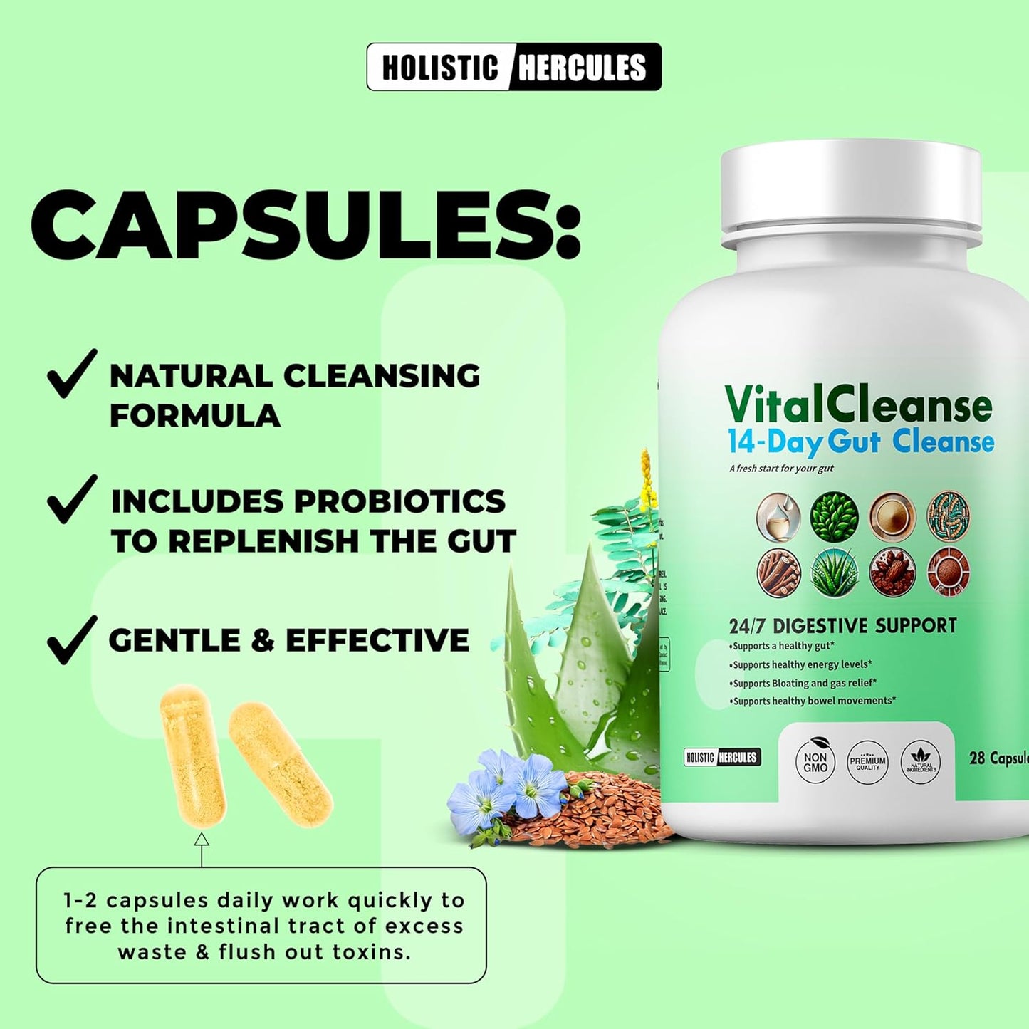 14-Day Holistic Hercules Vital Cleanse for Gut & Colon Support - Deeply Refreshing Revitalizing Cleanse