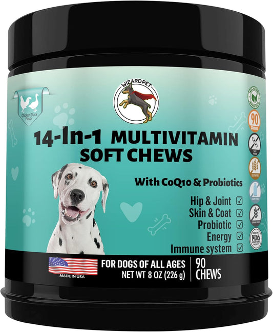14-in-1 Dog Multivitamin Soft Chews with Glucosamine, Probiotics, and Omega-3s for Hip & Joint Support, Skin & Coat Health, and Immune System Boost | 90 Count