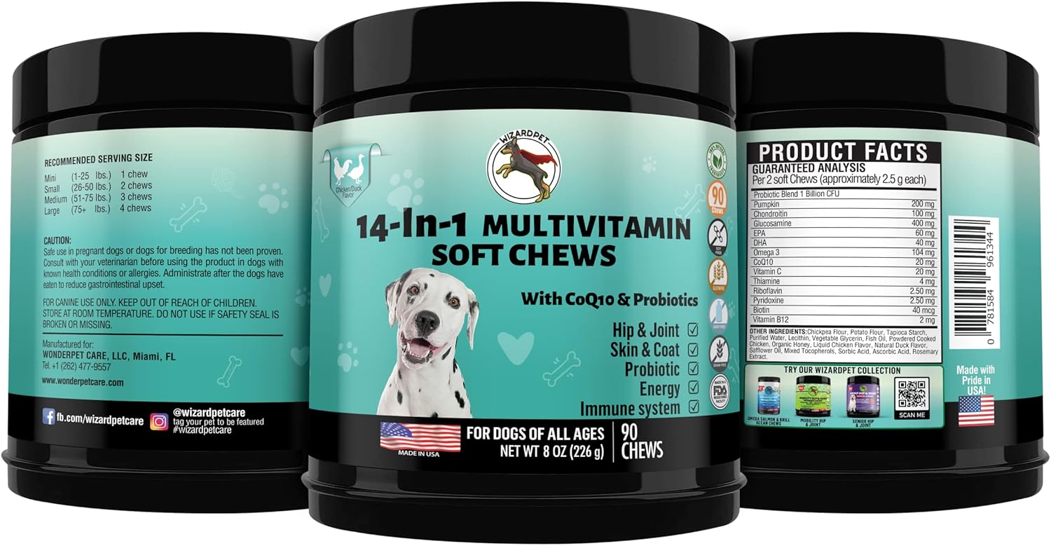 14-in-1 Dog Multivitamin Soft Chews with Glucosamine, Probiotics, and Omega-3s for Hip & Joint Support, Skin & Coat Health, and Immune System Boost | 90 Count