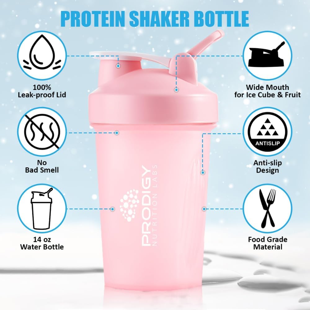 14 oz Pink Prodigy Nutrition Labs Shaker Bottle for Protein Shakes & Pre Workout