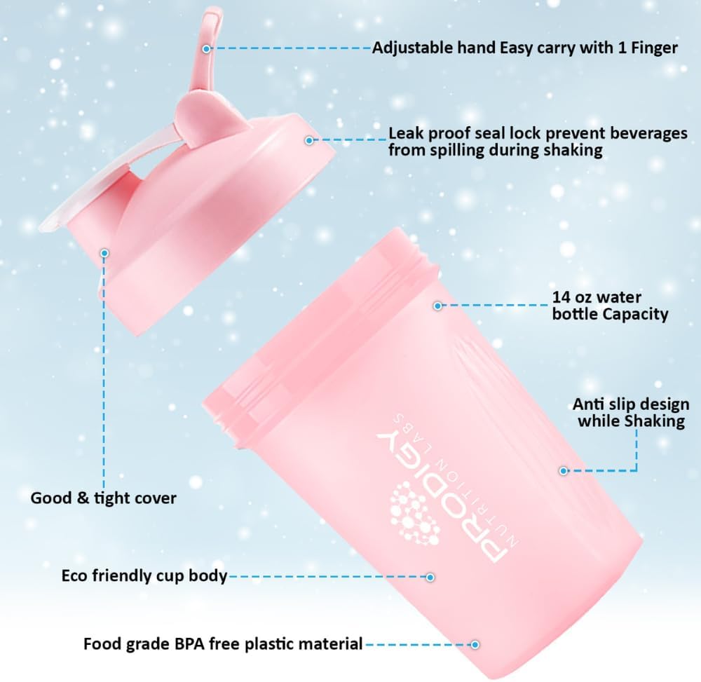 14 oz Pink Prodigy Nutrition Labs Shaker Bottle for Protein Shakes & Pre Workout