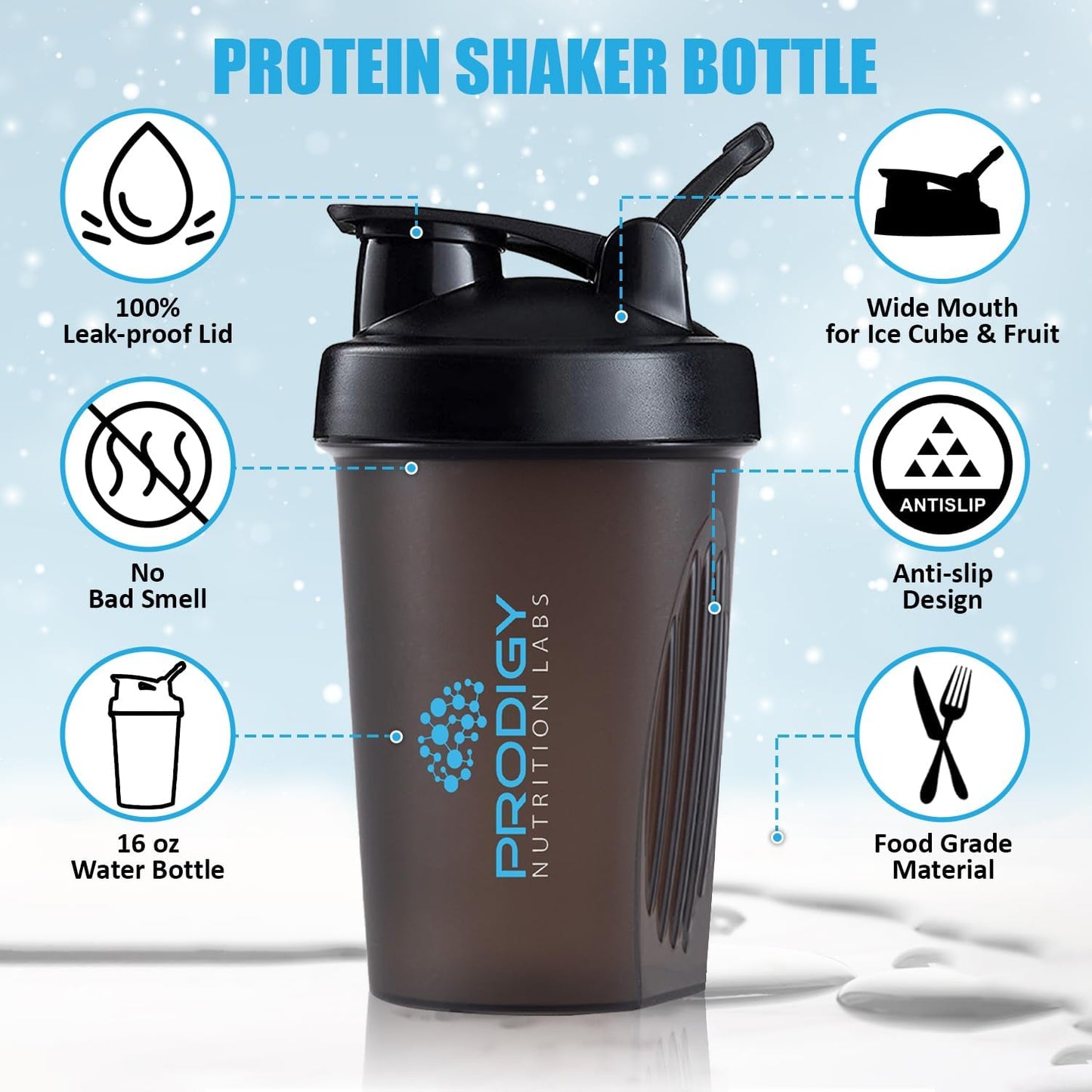 14 oz Prodigy Nutrition Labs Premium Shaker Bottle for Protein Shakes & Pre Workout - Black