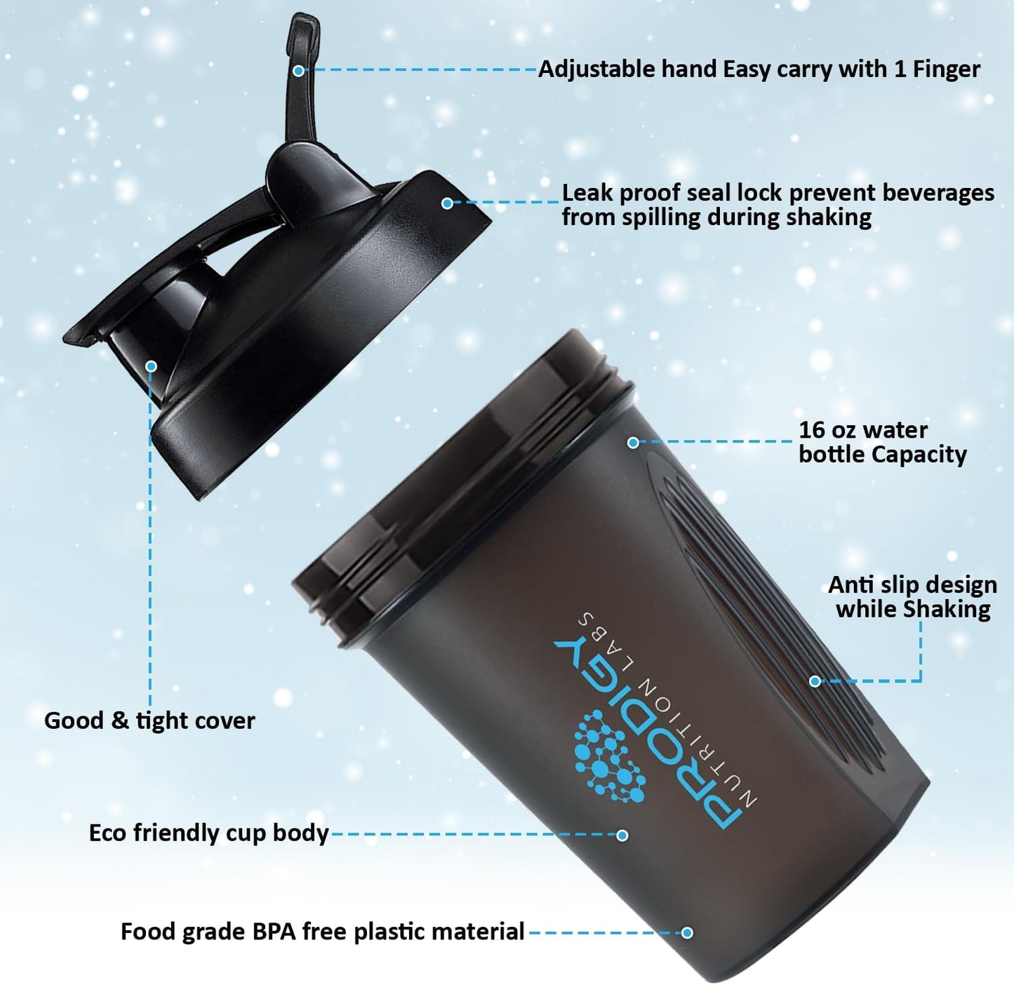 14 oz Prodigy Nutrition Labs Premium Shaker Bottle for Protein Shakes & Pre Workout - Black