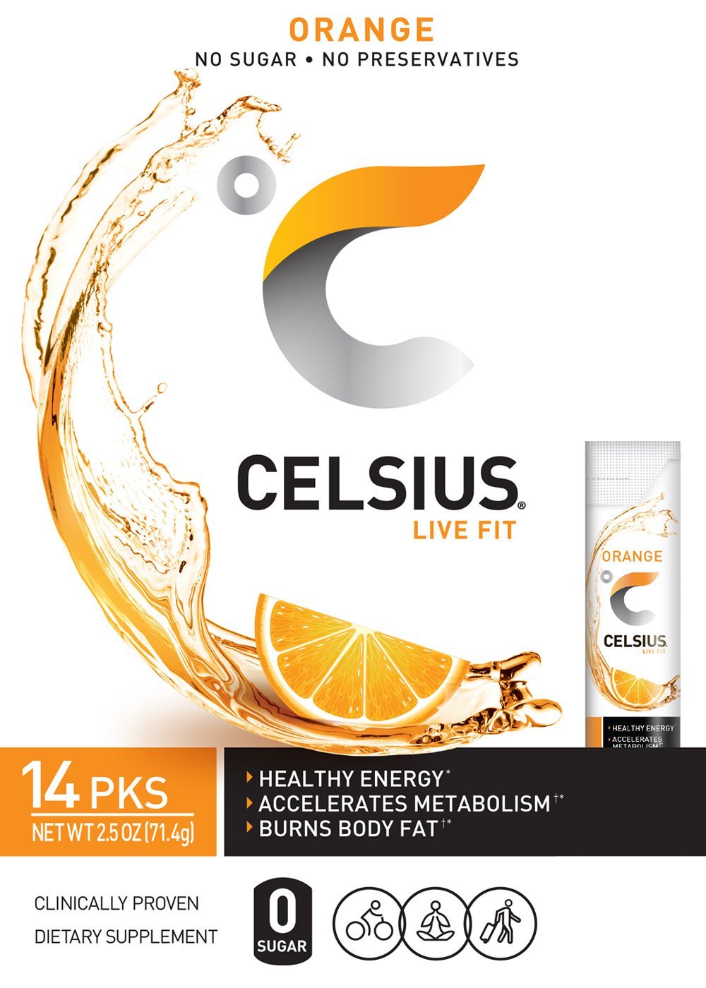 14 Pack CELSIUS Orange Powder Stick Packs for On-the-Go Energy Boost