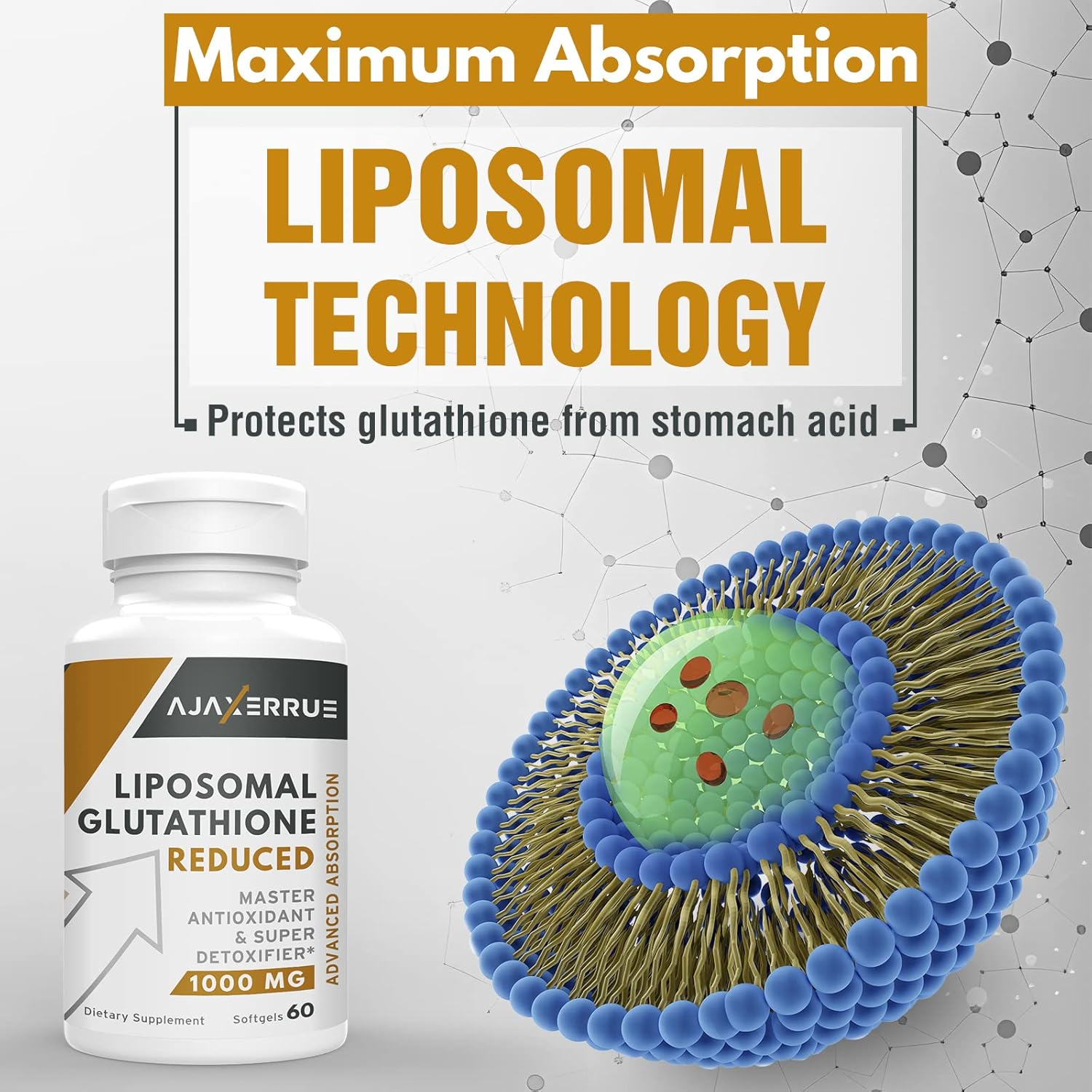 1400 mg Liposomal Glutathione Supplement with Vitamin C and Hyaluronic Acid - Master Antioxidant for Liver, Brain, and Skin Detox