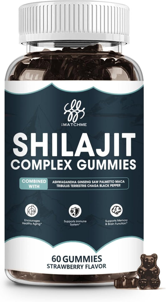 1400MG Shilajit Complex Gummies with Ashwagandha for Energy and Immune Support - Men's Energy Booster, Sugar-Free, Strawberry Flavor - 60 Count