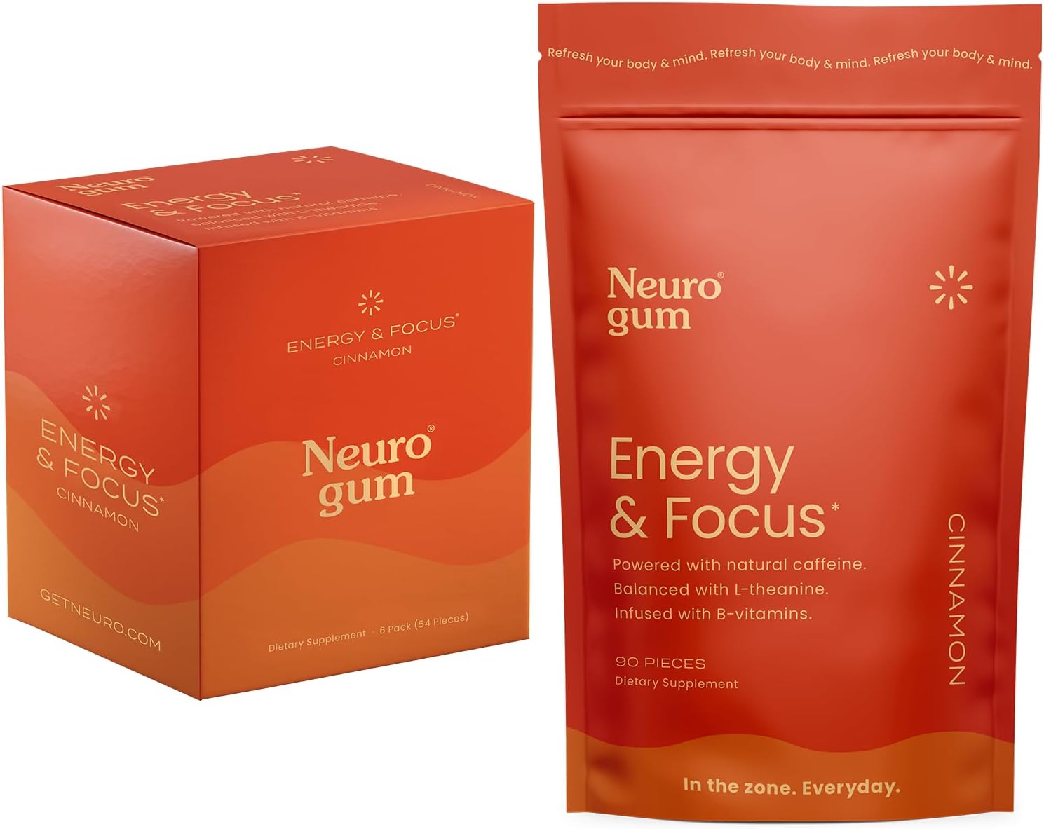 144 Piece Sugar-Free Cinnamon Flavor NeuroGum Energy Caffeine Gum with L-theanine, Natural Caffeine, Vitamin B12 & B6 - Nootropic Energy Supplement for Women & Men