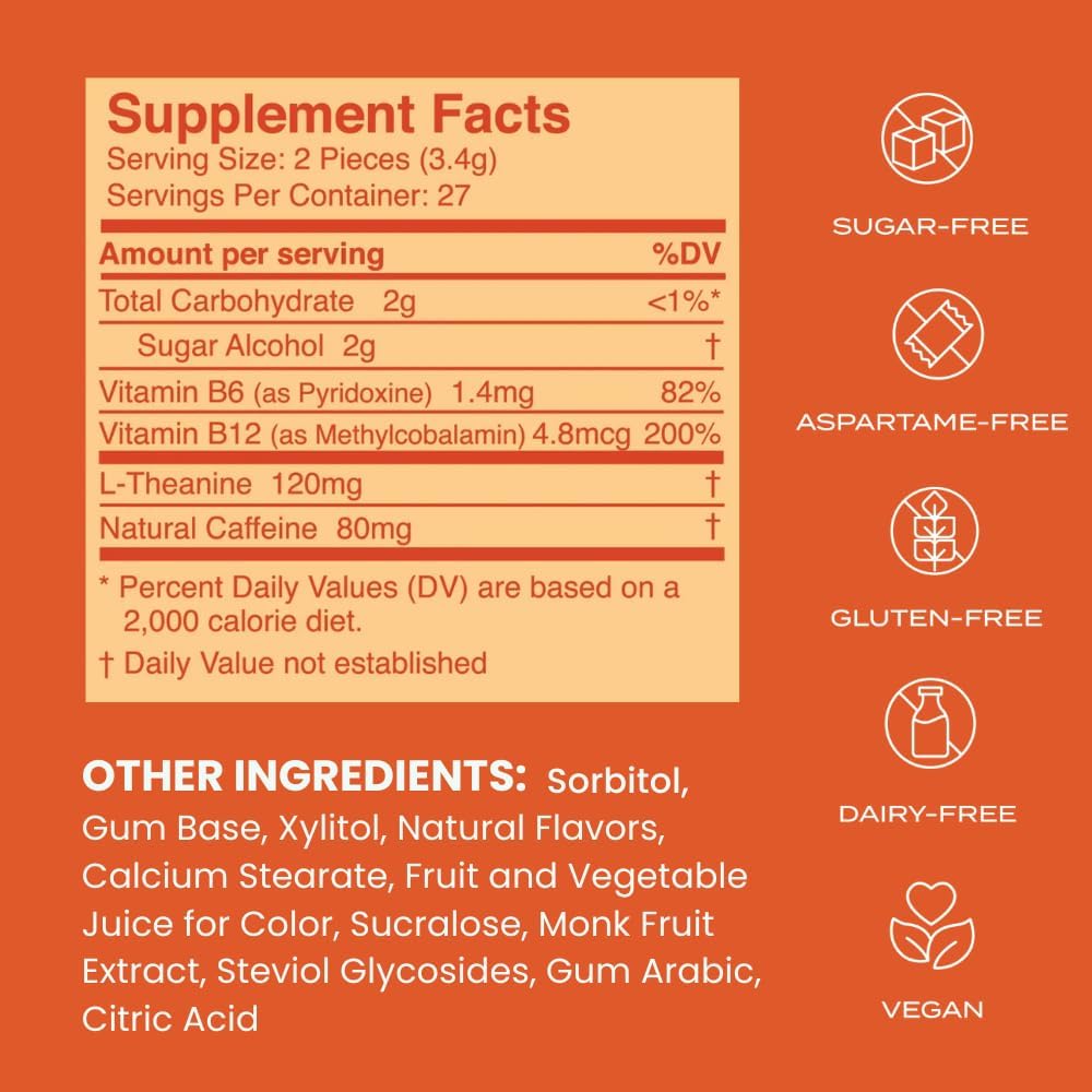 144 Piece Sugar-Free Cinnamon Flavor NeuroGum Energy Caffeine Gum with L-theanine, Natural Caffeine, Vitamin B12 & B6 - Nootropic Energy Supplement for Women & Men