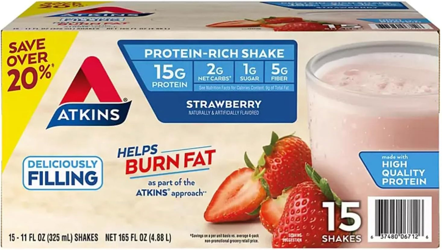 15 Count JÁCLER Atkins Strawberry Protein Shake with 15g Protein, Low Glycemic, 2g Net Carb, 1g Sugar - Keto Friendly
