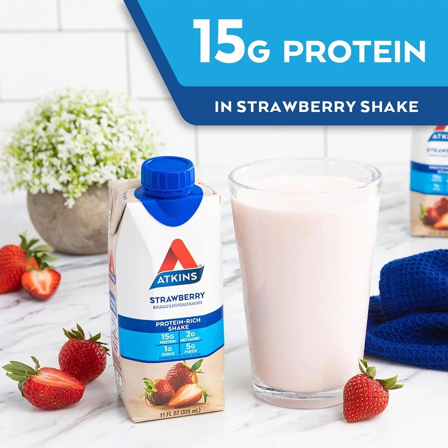 15 Count JÁCLER Atkins Strawberry Protein Shake with 15g Protein, Low Glycemic, 2g Net Carb, 1g Sugar - Keto Friendly