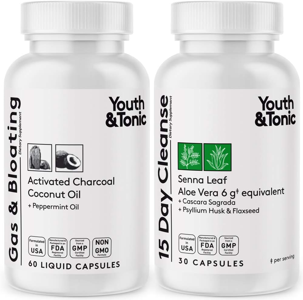 15 Day Cleanse & Activated Charcoal Pills for Gas, Bloating, and Body Detox - Youth & Tonic