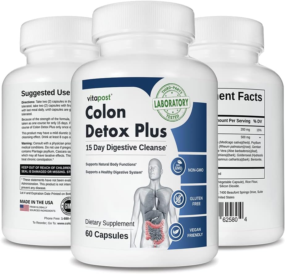 15 Day Colon Detox Plus Course with Psyllium Husk, Aloe Vera & Buckthorn - 60 Capsules for Healthy Digestion & Bowel Movements